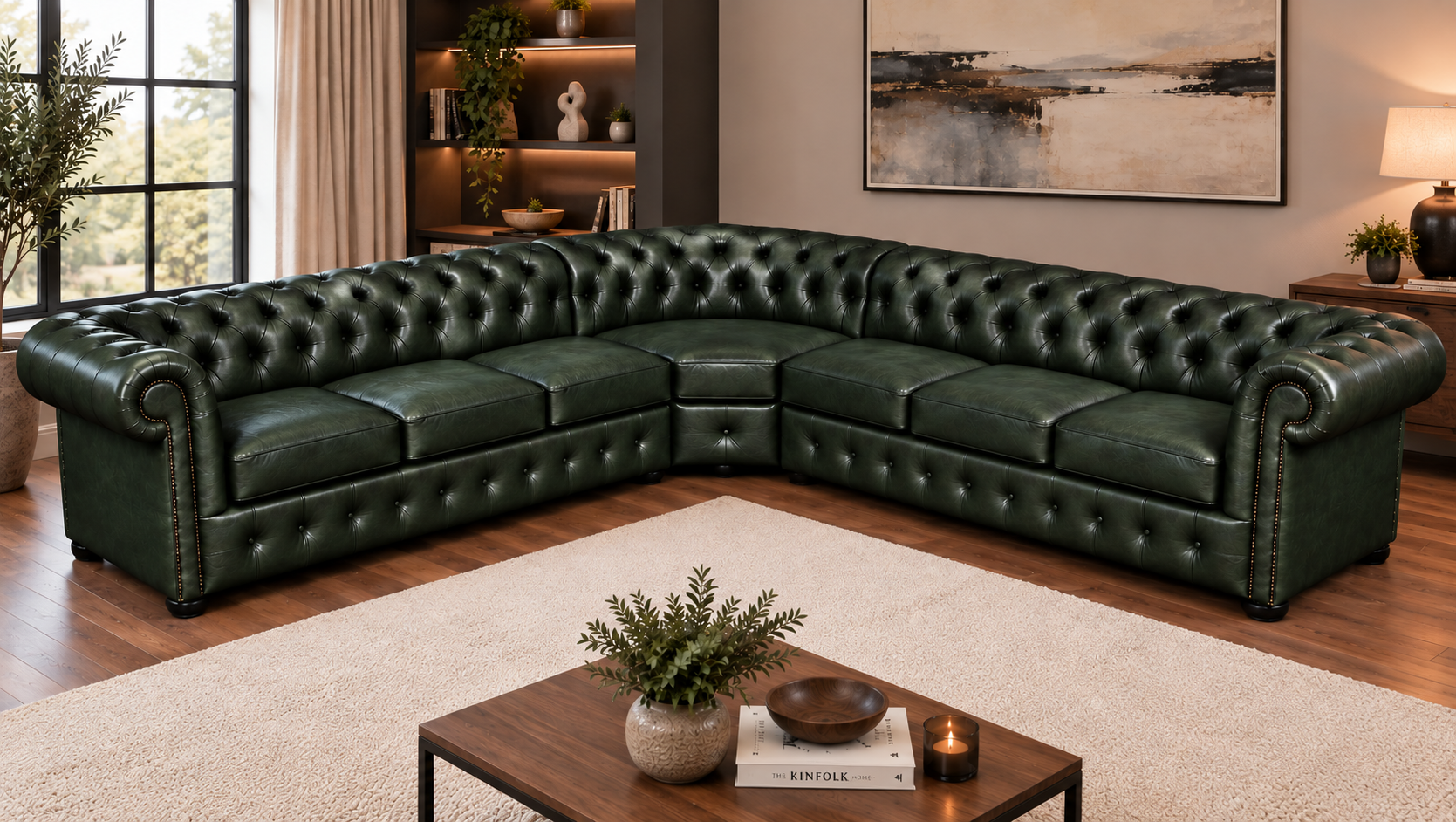 Chesterfield Ecksofa 260 × 260 cm Antique Green Echtleder